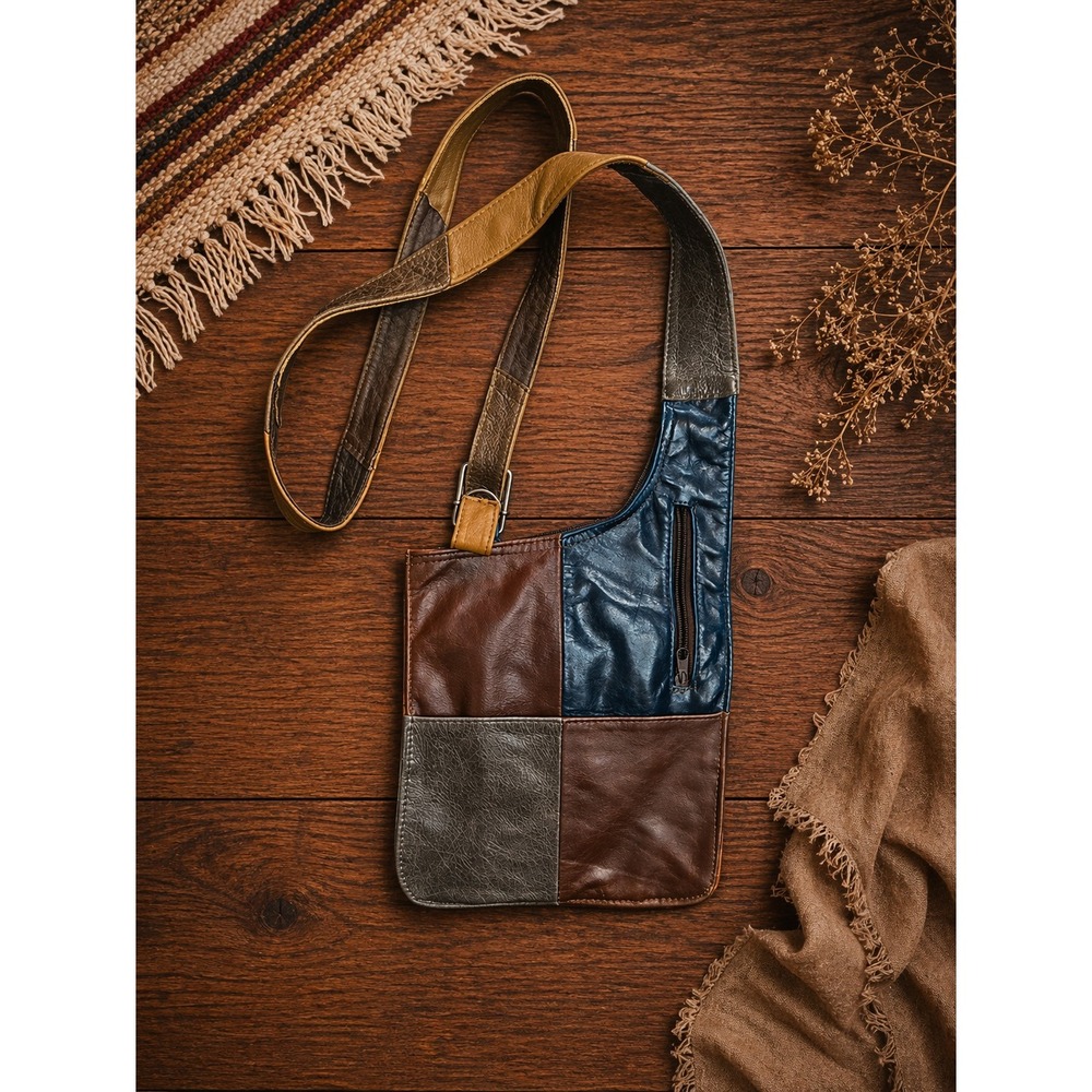 Patchwork Leather Crossbody Bag Boho Rustic Festival Earth Tone Multi Pocket Bag